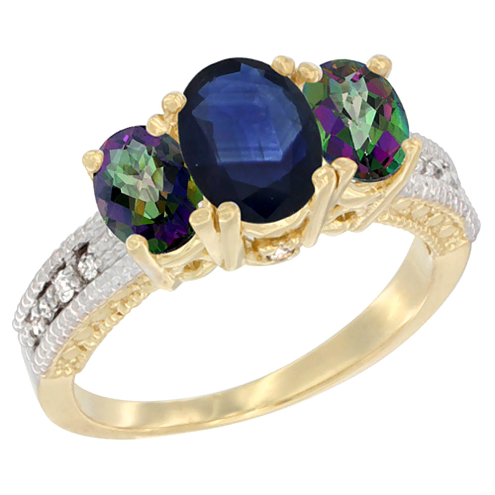 14K Yellow Gold Diamond Natural Blue Sapphire Ring Oval 3-stone with Mystic Topaz, sizes 5 - 10