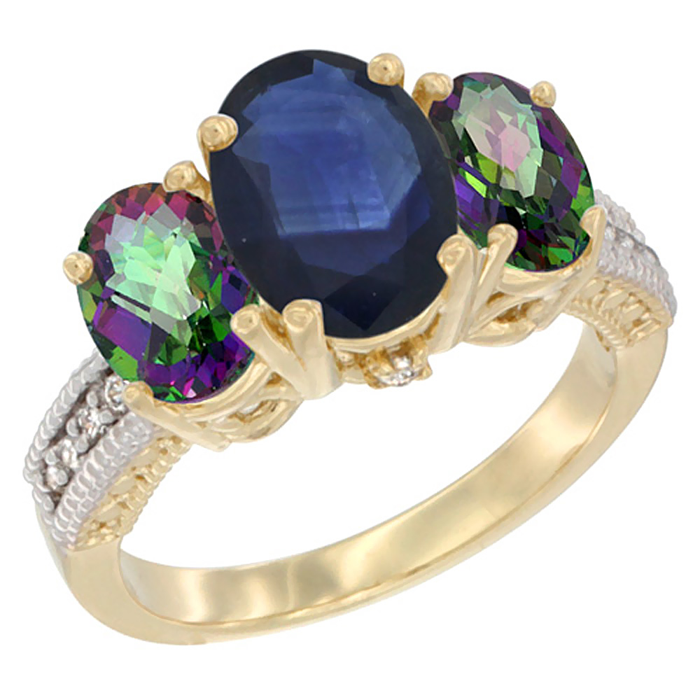 14K Yellow Gold Diamond Natural Blue Sapphire Ring 3-Stone Oval 8x6mm with Mystic Topaz, sizes5-10