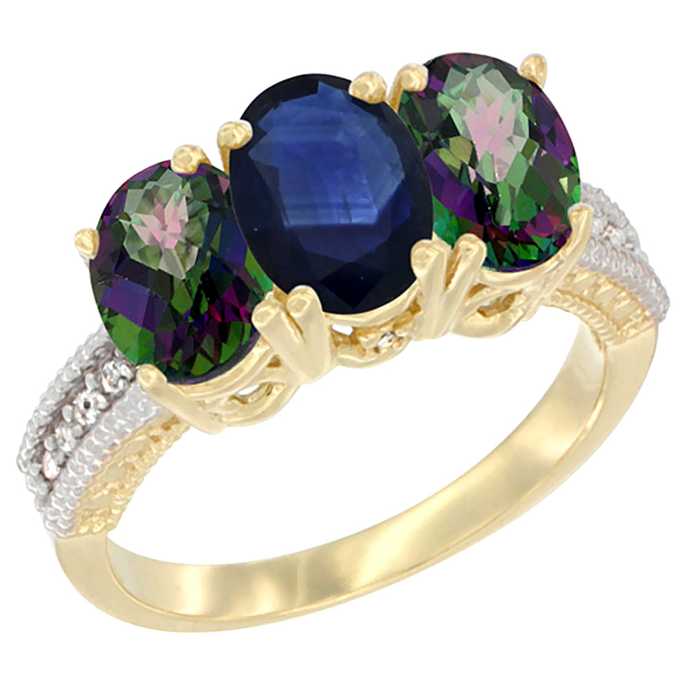 14K Yellow Gold Natural Blue Sapphire &amp; Mystic Topaz Sides Ring 3-Stone 7x5 mm Oval Diamond Accent, sizes 5 - 10