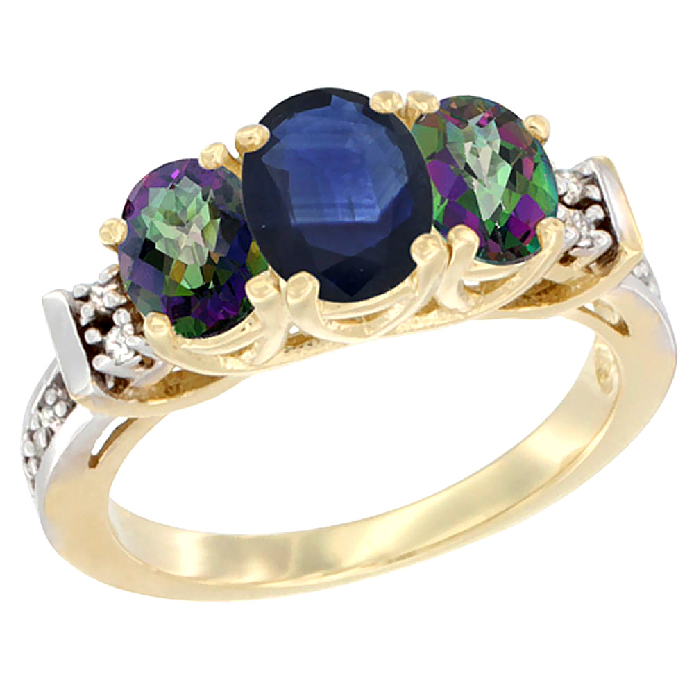 14K Yellow Gold Natural Blue Sapphire &amp; Mystic Topaz Ring 3-Stone Oval Diamond Accent
