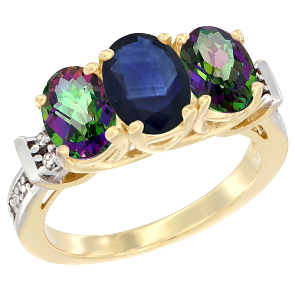 14K Yellow Gold Natural Blue Sapphire &amp; Mystic Topaz Sides Ring 3-Stone Oval Diamond Accent, sizes 5 - 10