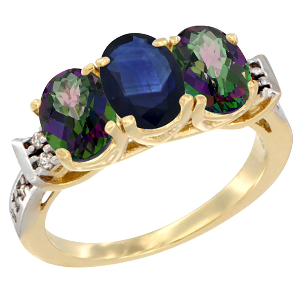 10K Yellow Gold Natural Blue Sapphire & Mystic Topaz Sides Ring 3-Stone Oval 7x5 mm Diamond Accent, sizes 5 - 10