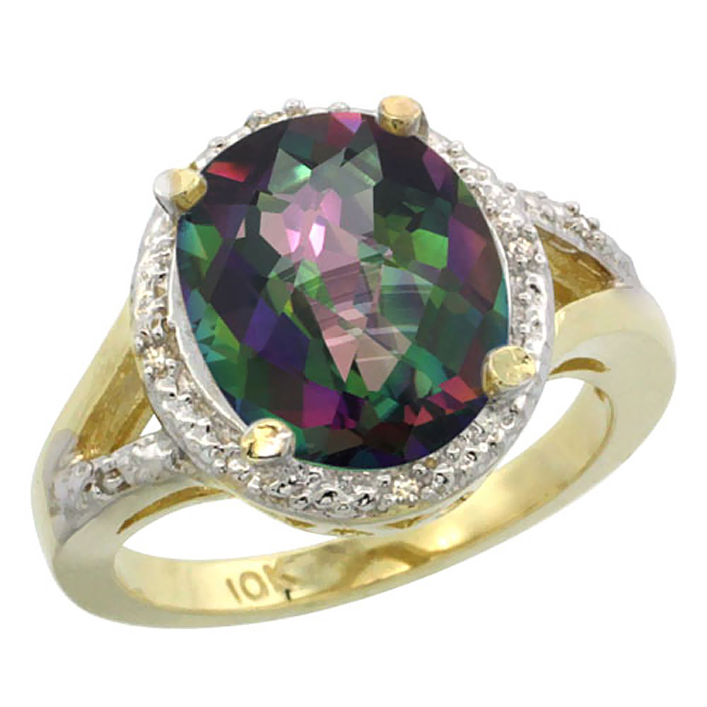 10K Yellow Gold Natural Mystic Topaz Ring Oval 12x10mm Diamond Accent, sizes 5-10