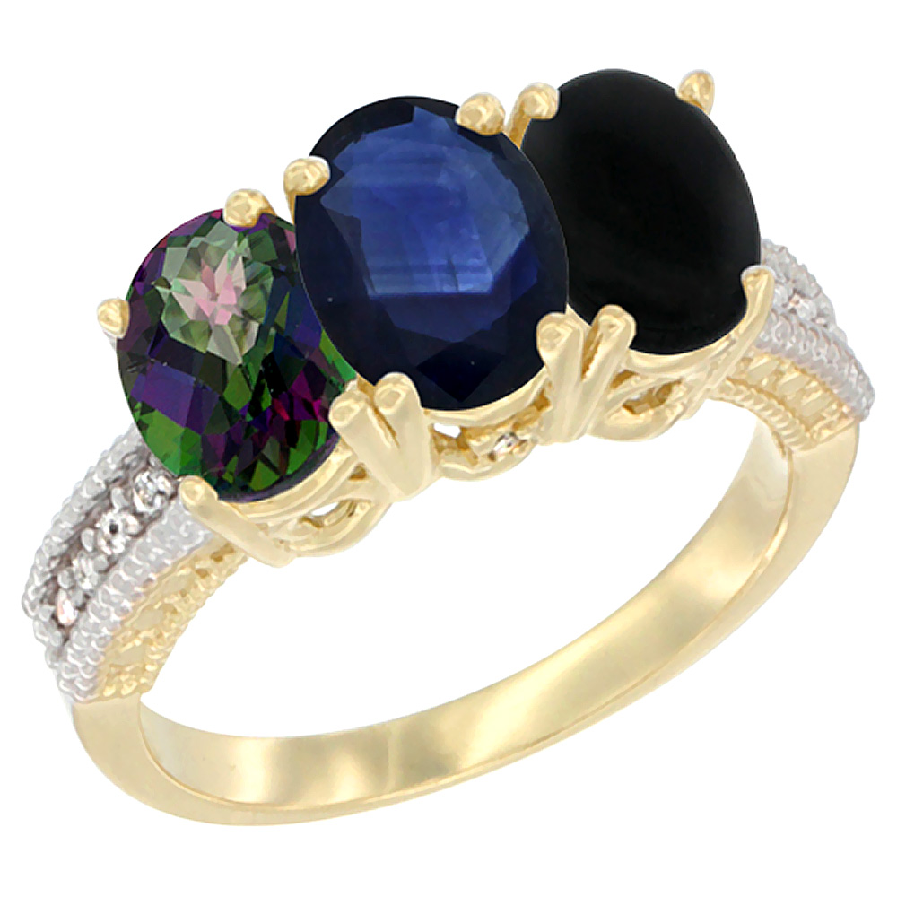 10K Yellow Gold Diamond Natural Mystic Topaz, Blue Sapphire & Black Onyx Ring 3-Stone 7x5 mm Oval, sizes 5 - 10