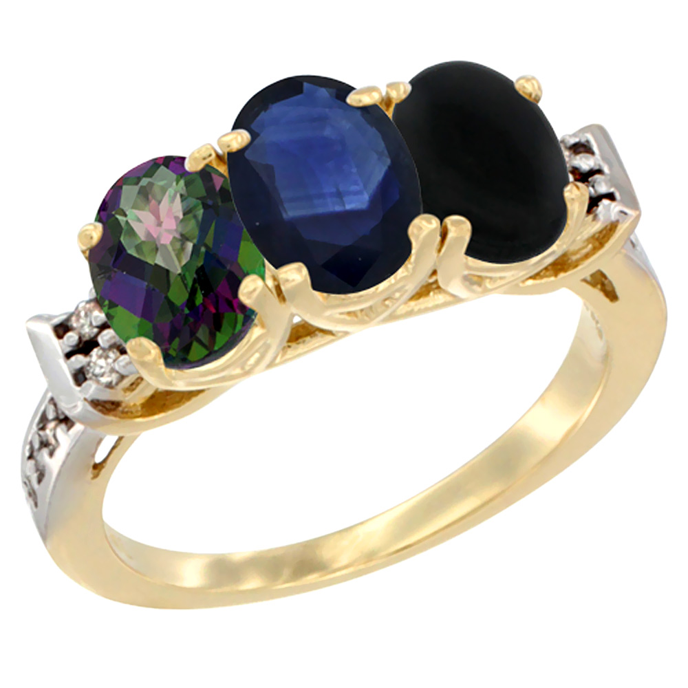 10K Yellow Gold Natural Mystic Topaz, Blue Sapphire & Black Onyx Ring 3-Stone Oval 7x5 mm Diamond Accent, sizes 5 - 10