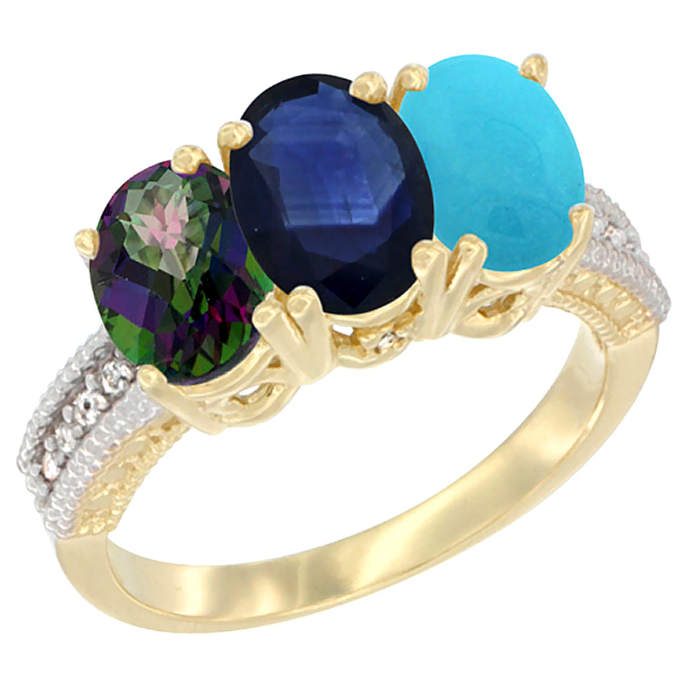 10K Yellow Gold Diamond Natural Mystic Topaz, Blue Sapphire &amp; Turquoise Ring 3-Stone 7x5 mm Oval, sizes 5 - 10