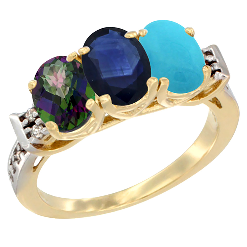 14K Yellow Gold Natural Mystic Topaz, Blue Sapphire &amp; Turquoise Ring 3-Stone 7x5 mm Oval Diamond Accent, sizes 5 - 10