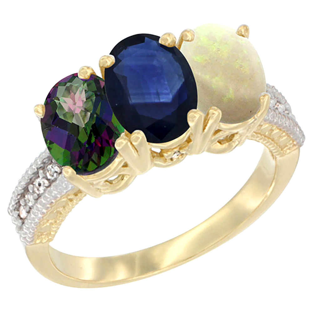 10K Yellow Gold Diamond Natural Mystic Topaz, Blue Sapphire &amp; Opal Ring 3-Stone 7x5 mm Oval, sizes 5 - 10