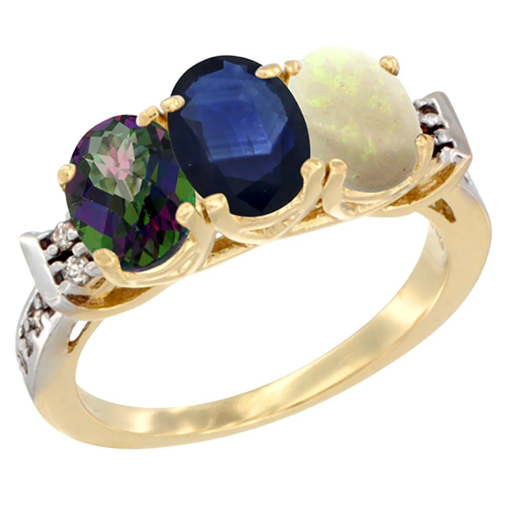 10K Yellow Gold Natural Mystic Topaz, Blue Sapphire & Opal Ring 3-Stone Oval 7x5 mm Diamond Accent, sizes 5 - 10
