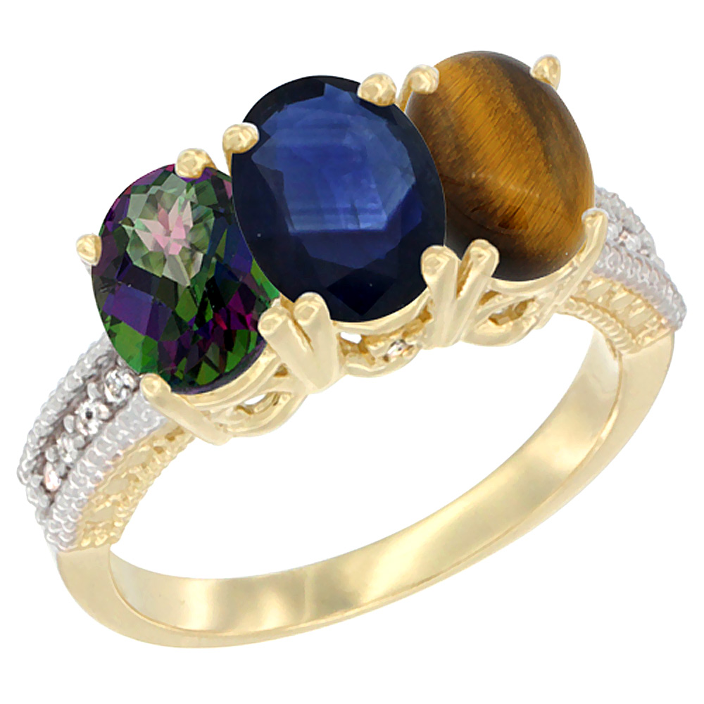 10K Yellow Gold Diamond Natural Mystic Topaz, Blue Sapphire & Tiger Eye Ring 3-Stone 7x5 mm Oval, sizes 5 - 10
