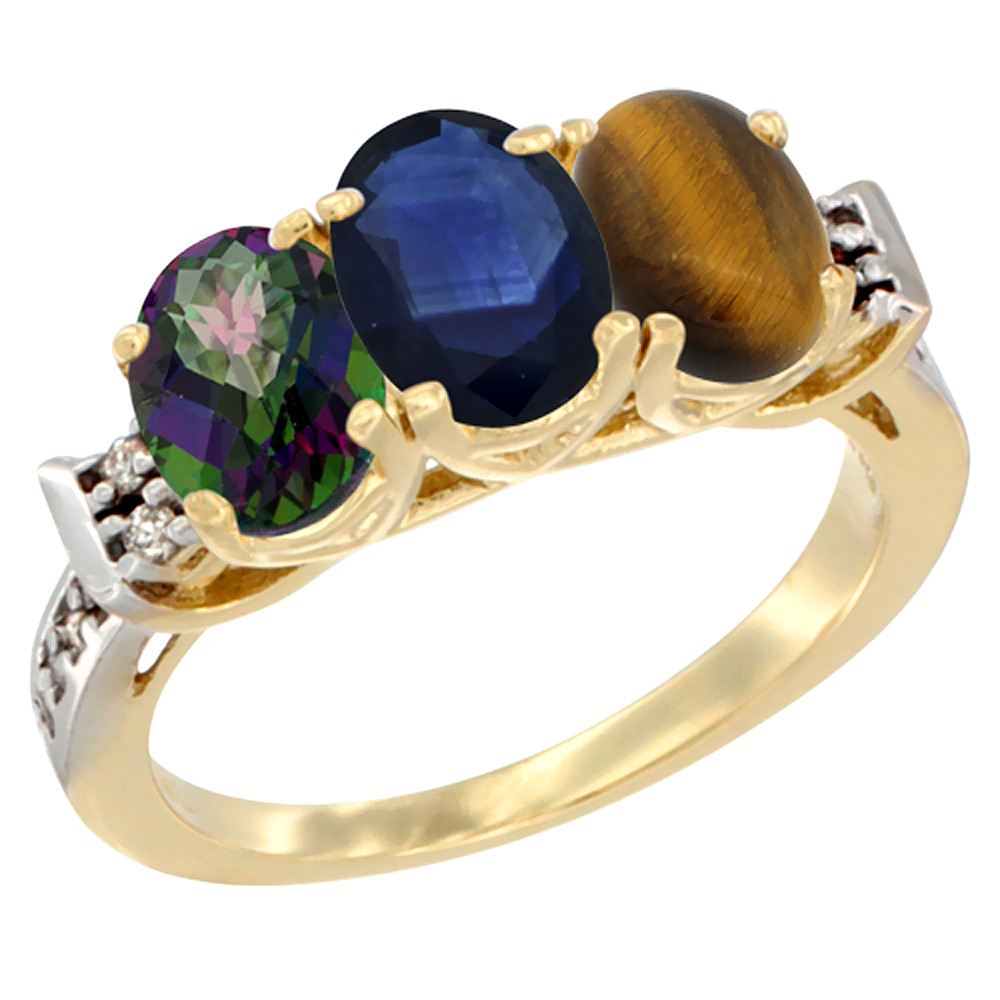 10K Yellow Gold Natural Mystic Topaz, Blue Sapphire & Tiger Eye Ring 3-Stone Oval 7x5 mm Diamond Accent, sizes 5 - 10