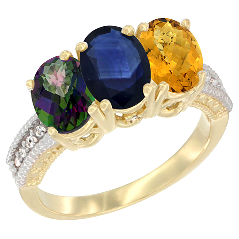 10K Yellow Gold Diamond Natural Mystic Topaz, Blue Sapphire &amp; Whisky Quartz Ring 3-Stone 7x5 mm Oval, sizes 5 - 10
