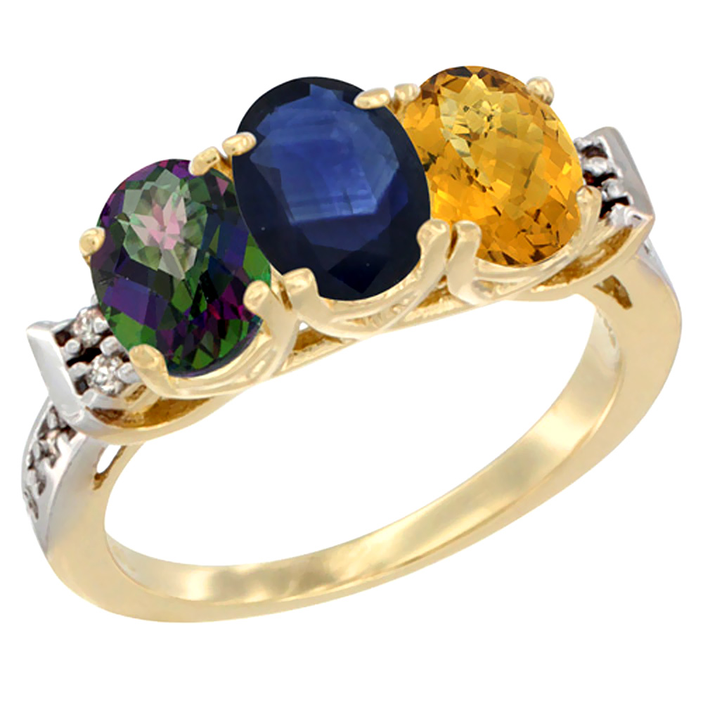 10K Yellow Gold Natural Mystic Topaz, Blue Sapphire &amp; Whisky Quartz Ring 3-Stone Oval 7x5 mm Diamond Accent, sizes 5 - 10