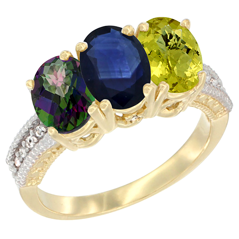 14K Yellow Gold Natural Mystic Topaz, Blue Sapphire & Lemon Quartz Ring 3-Stone 7x5 mm Oval Diamond Accent, sizes 5 - 10