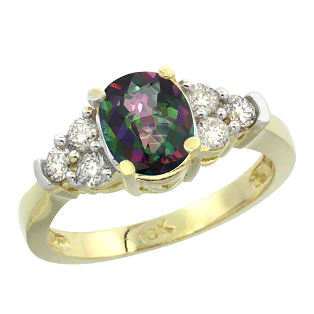 14K Yellow Gold Natural Mystic Topaz Ring Oval 9x7mm Diamond Accent, sizes 5-10