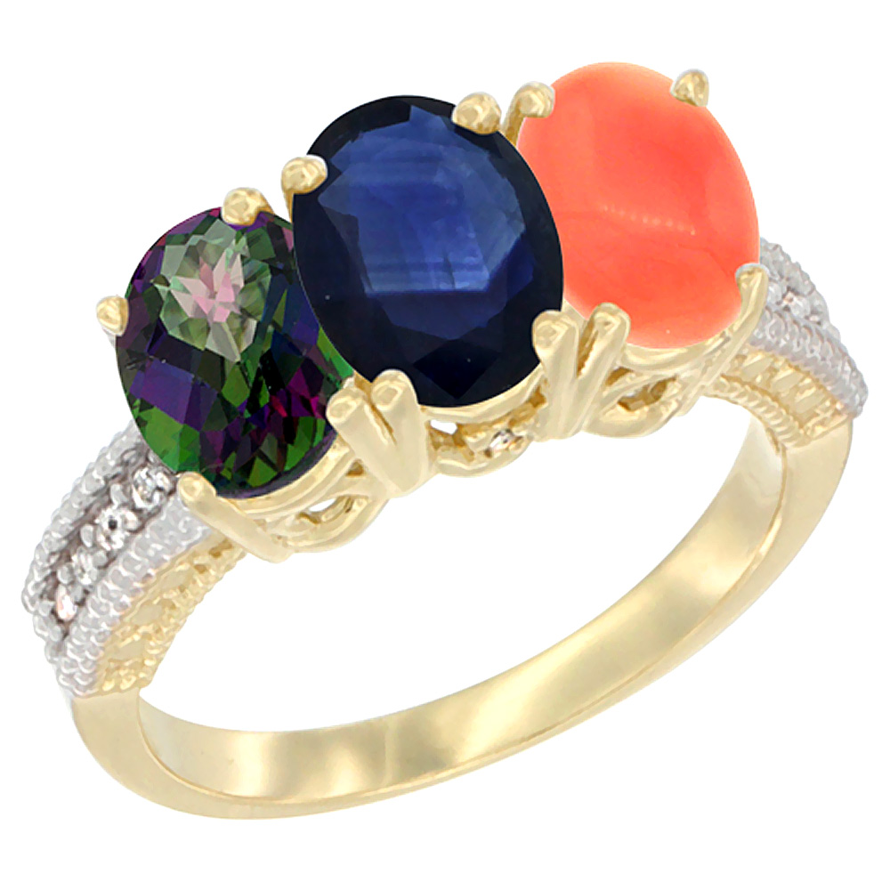 10K Yellow Gold Diamond Natural Mystic Topaz, Blue Sapphire & Coral Ring 3-Stone 7x5 mm Oval, sizes 5 - 10