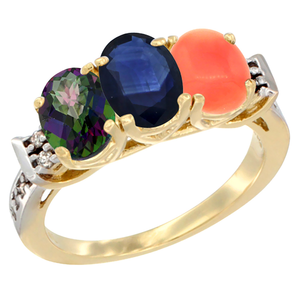 14K Yellow Gold Natural Mystic Topaz, Blue Sapphire &amp; Coral Ring 3-Stone 7x5 mm Oval Diamond Accent, sizes 5 - 10