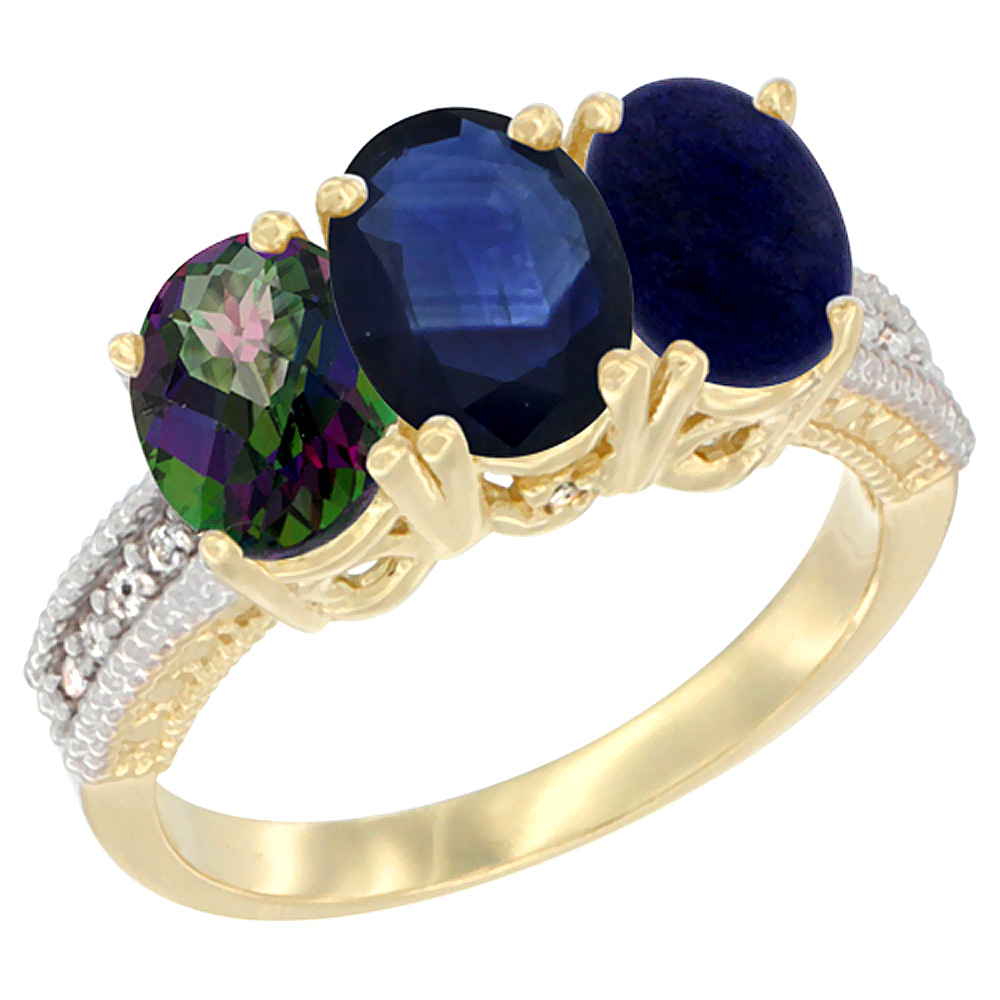 14K Yellow Gold Natural Mystic Topaz, Blue Sapphire & Lapis Ring 3-Stone 7x5 mm Oval Diamond Accent, sizes 5 - 10