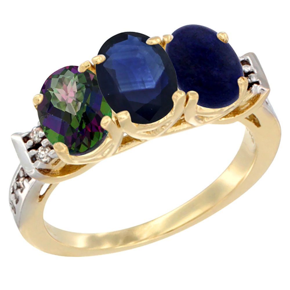 10K Yellow Gold Natural Mystic Topaz, Blue Sapphire & Lapis Ring 3-Stone Oval 7x5 mm Diamond Accent, sizes 5 - 10