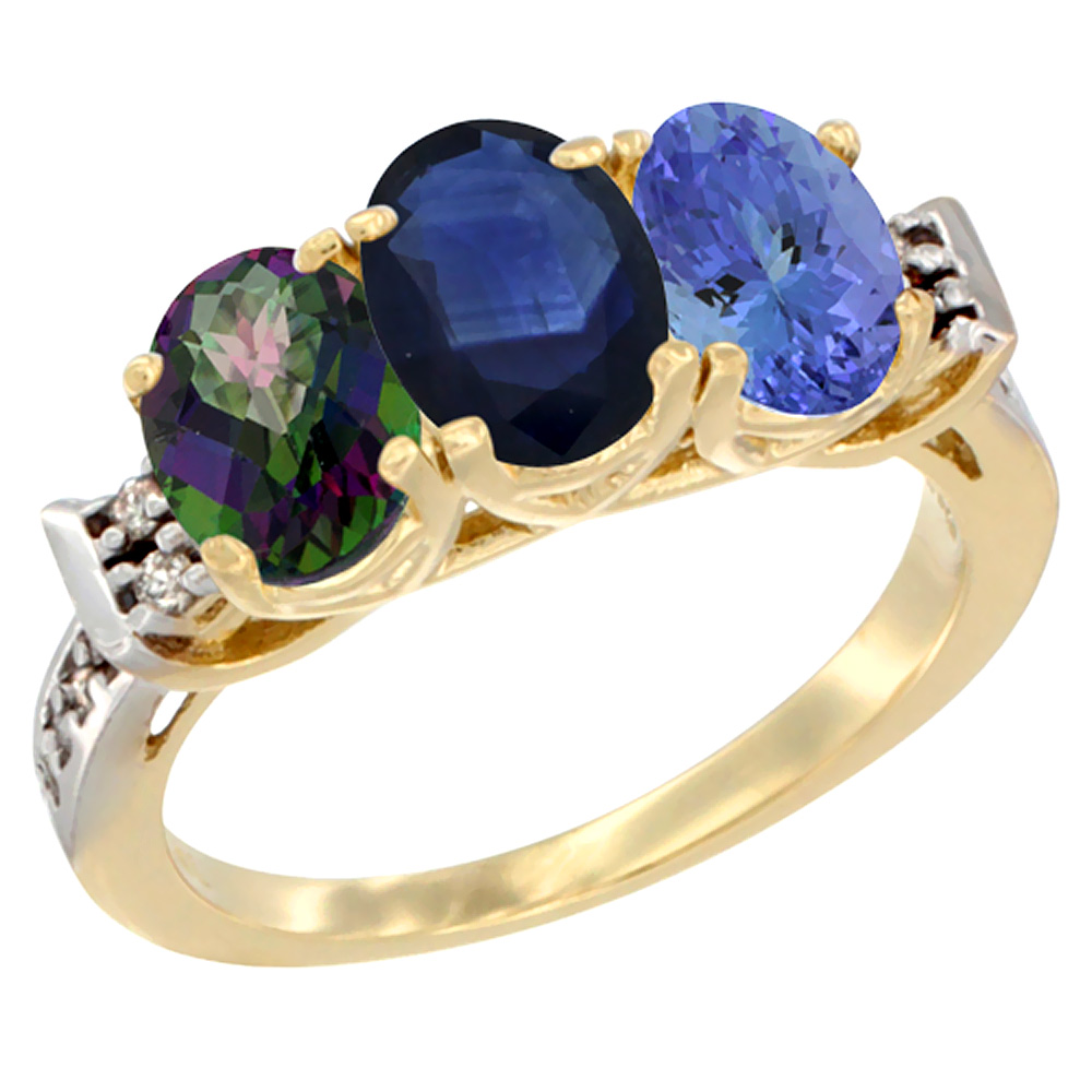 10K Yellow Gold Natural Mystic Topaz, Blue Sapphire & Tanzanite Ring 3-Stone Oval 7x5 mm Diamond Accent, sizes 5 - 10