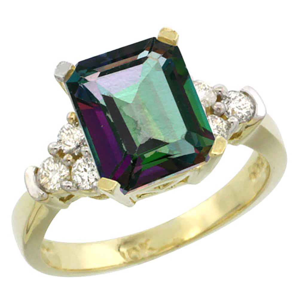 14K Yellow Gold Natural Mystic Topaz Ring Octagon 9x7mm Diamond Accent, sizes 5-10