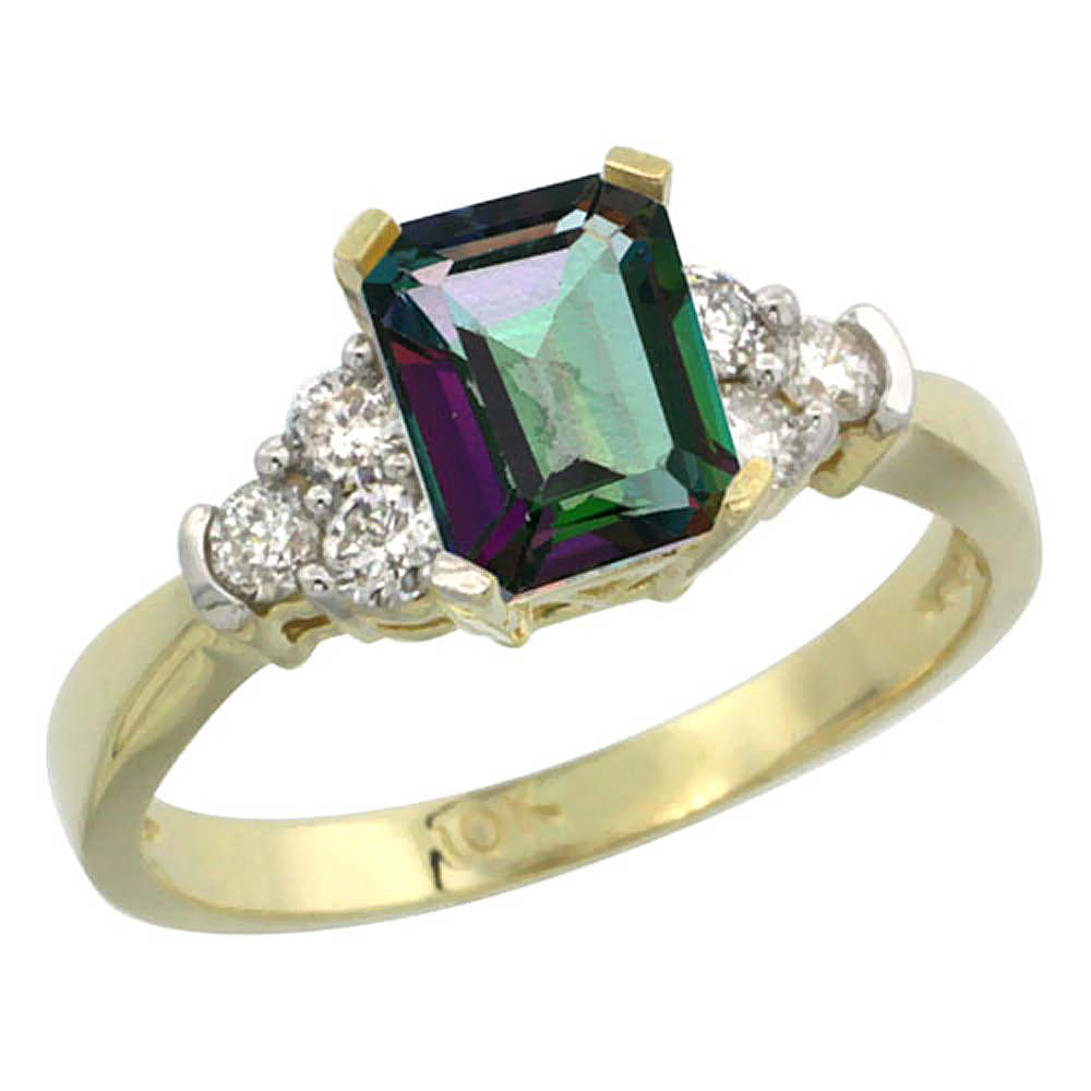 10K Yellow Gold Natural Mystic Topaz Ring Octagon 7x5mm Diamond Accent, sizes 5-10
