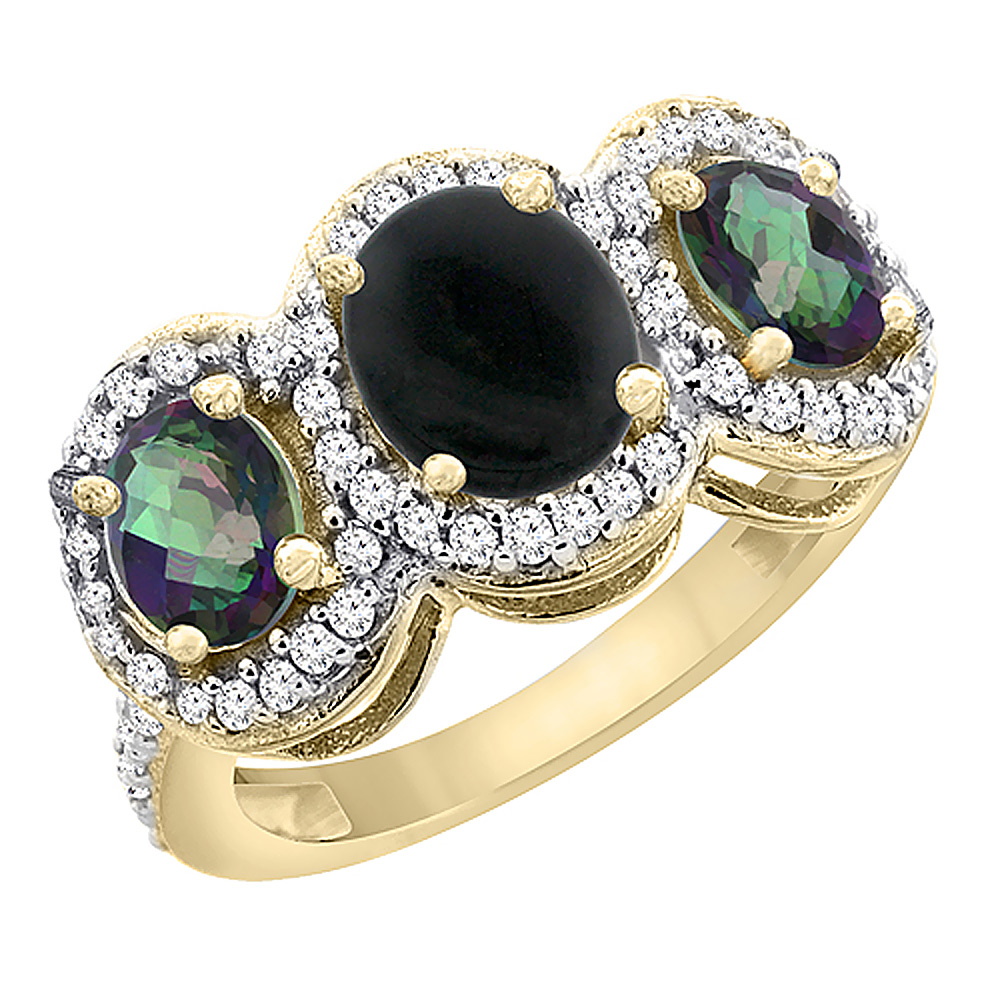 14K Yellow Gold Natural Black Onyx & Mystic Topaz 3-Stone Ring Oval Diamond Accent, sizes 5 - 10