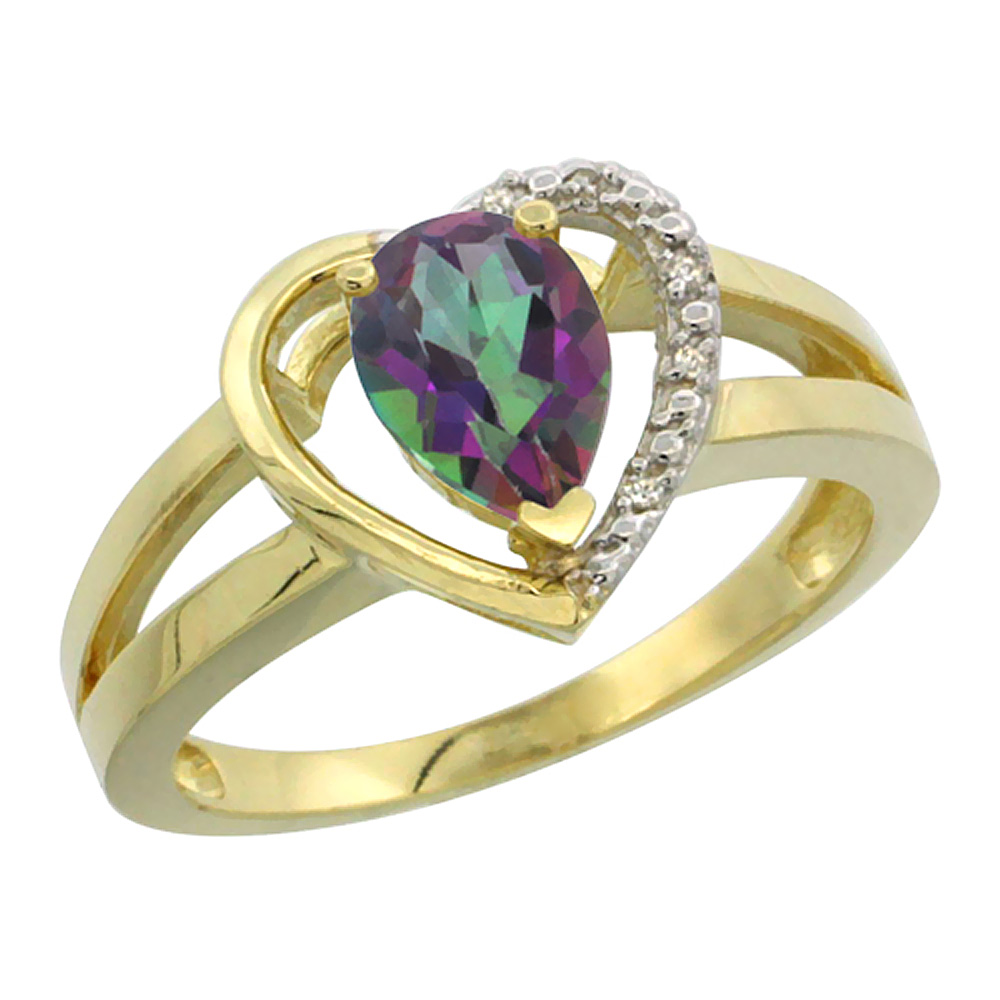 14K Yellow Gold Natural Mystic Topaz Heart Ring Pear 7x5 mm Diamond Accent, sizes 5-10