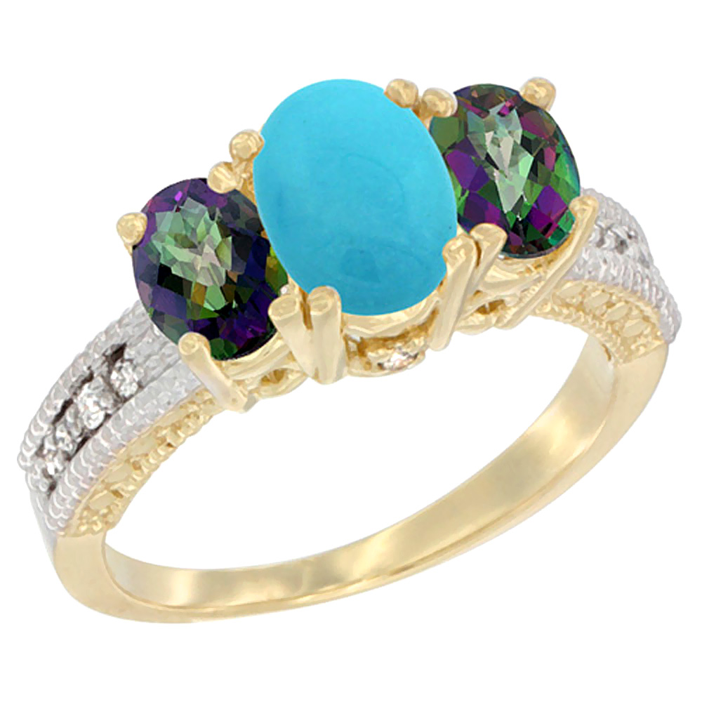 10K Yellow Gold Diamond Natural Turquoise Ring Oval 3-stone with Mystic Topaz, sizes 5 - 10