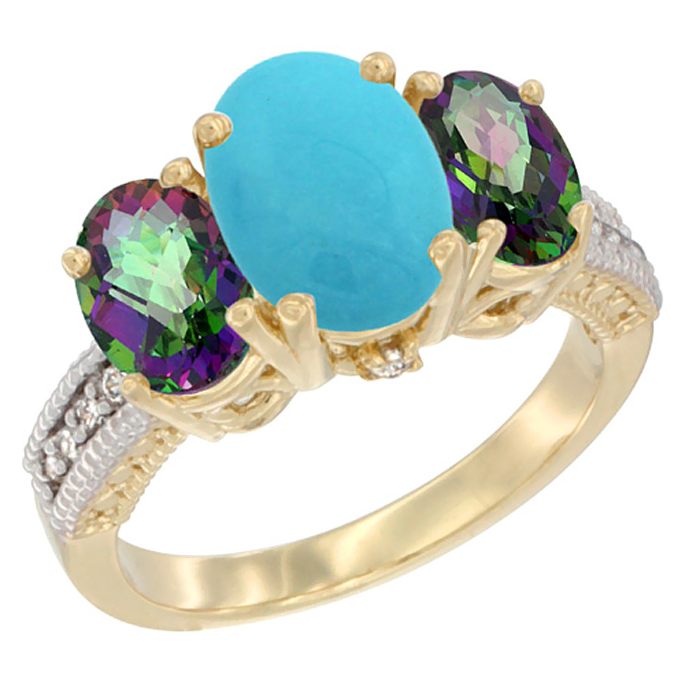 10K Yellow Gold Diamond Natural Turquoise Ring 3-Stone Oval 8x6mm with Mystic Topaz, sizes5-10