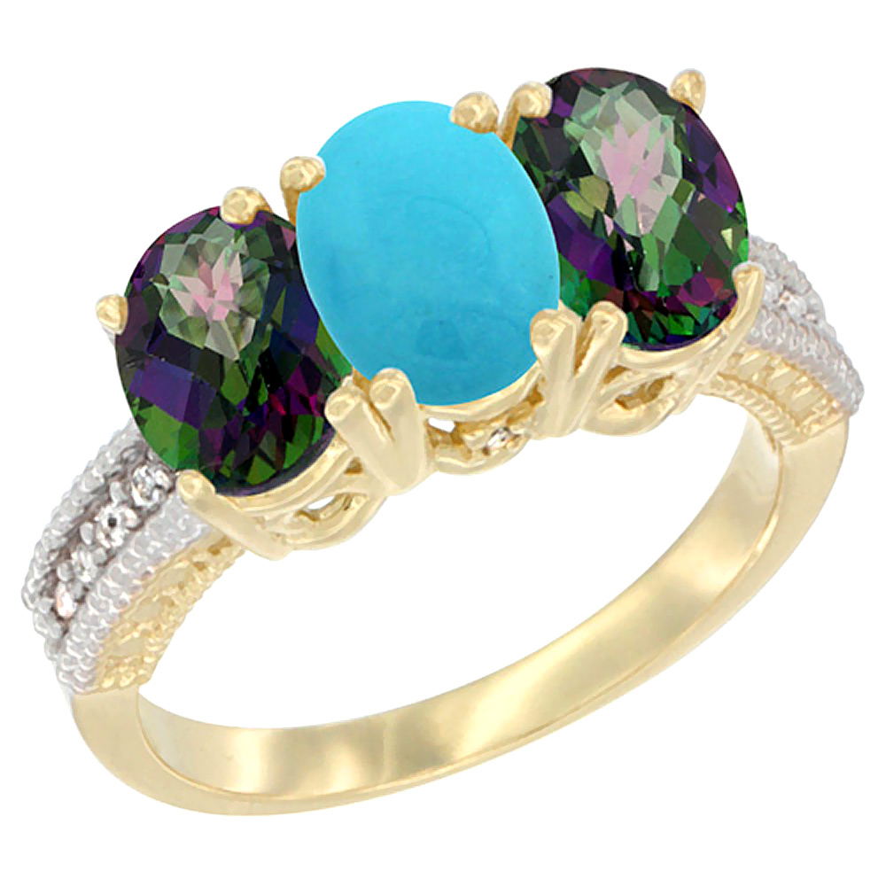 14K Yellow Gold Natural Turquoise &amp; Mystic Topaz Sides Ring 3-Stone 7x5 mm Oval Diamond Accent, sizes 5 - 10