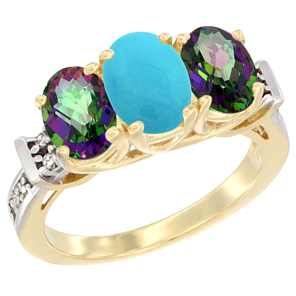10K Yellow Gold Natural Turquoise & Mystic Topaz Sides Ring 3-Stone Oval Diamond Accent, sizes 5 - 10