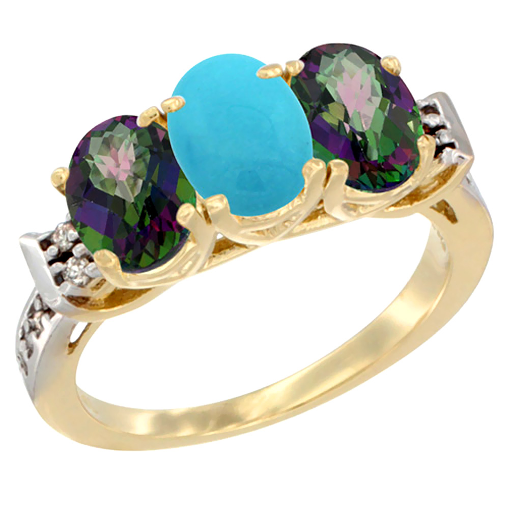 10K Yellow Gold Natural Turquoise &amp; Mystic Topaz Sides Ring 3-Stone Oval 7x5 mm Diamond Accent, sizes 5 - 10