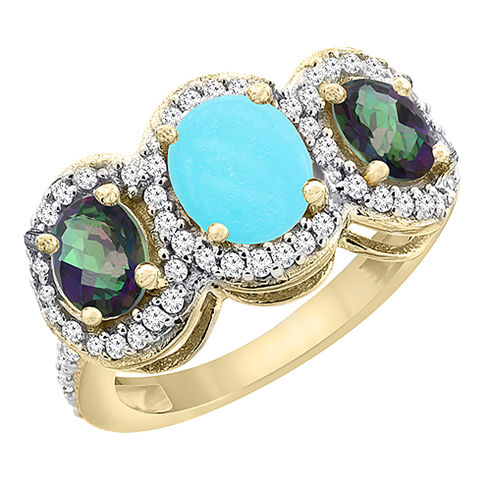 10K Yellow Gold Natural Turquoise & Mystic Topaz 3-Stone Ring Oval Diamond Accent, sizes 5 - 10