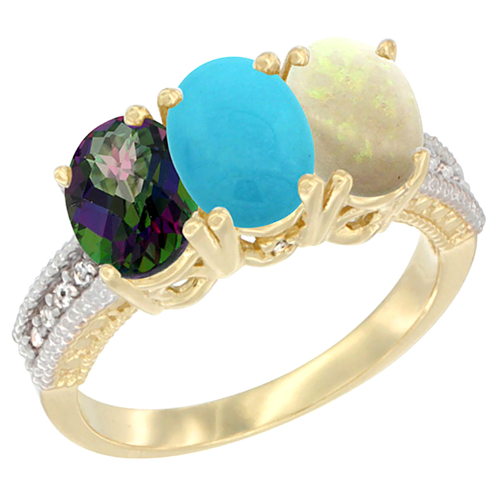 14K Yellow Gold Natural Mystic Topaz, Turquoise & Opal Ring 3-Stone 7x5 mm Oval Diamond Accent, sizes 5 - 10