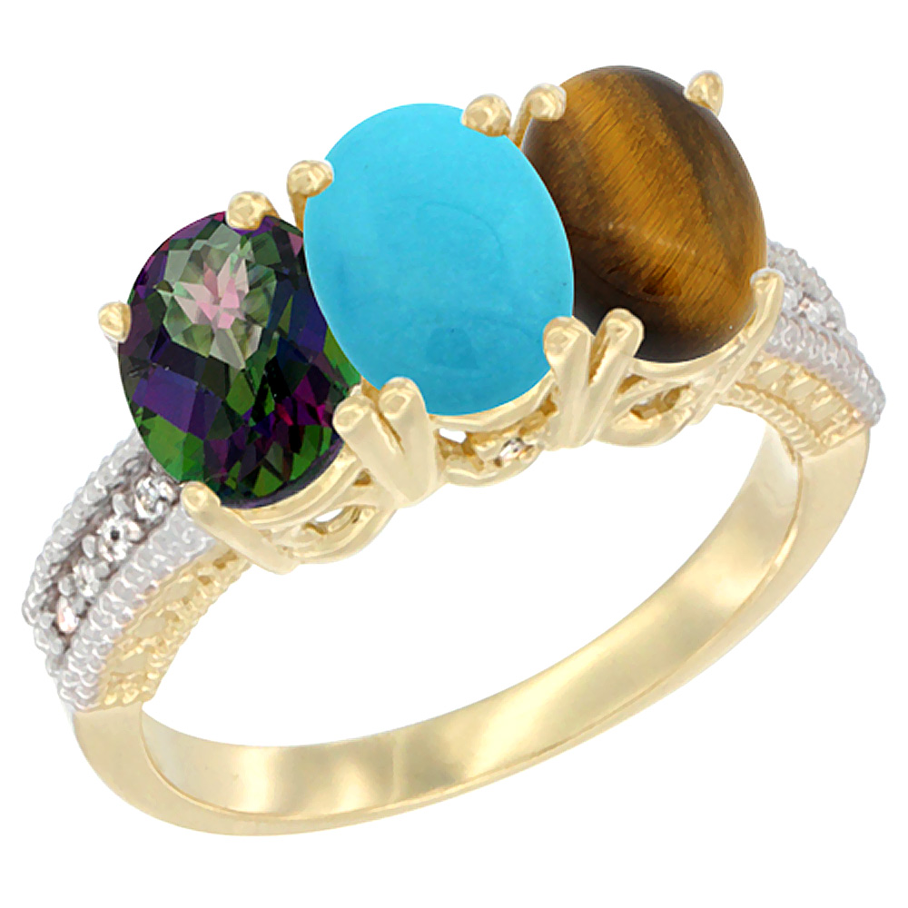 14K Yellow Gold Natural Mystic Topaz, Turquoise &amp; Tiger Eye Ring 3-Stone 7x5 mm Oval Diamond Accent, sizes 5 - 10