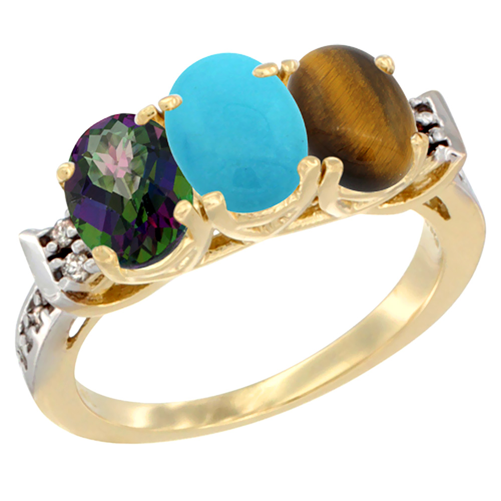 10K Yellow Gold Natural Mystic Topaz, Turquoise & Tiger Eye Ring 3-Stone Oval 7x5 mm Diamond Accent, sizes 5 - 10