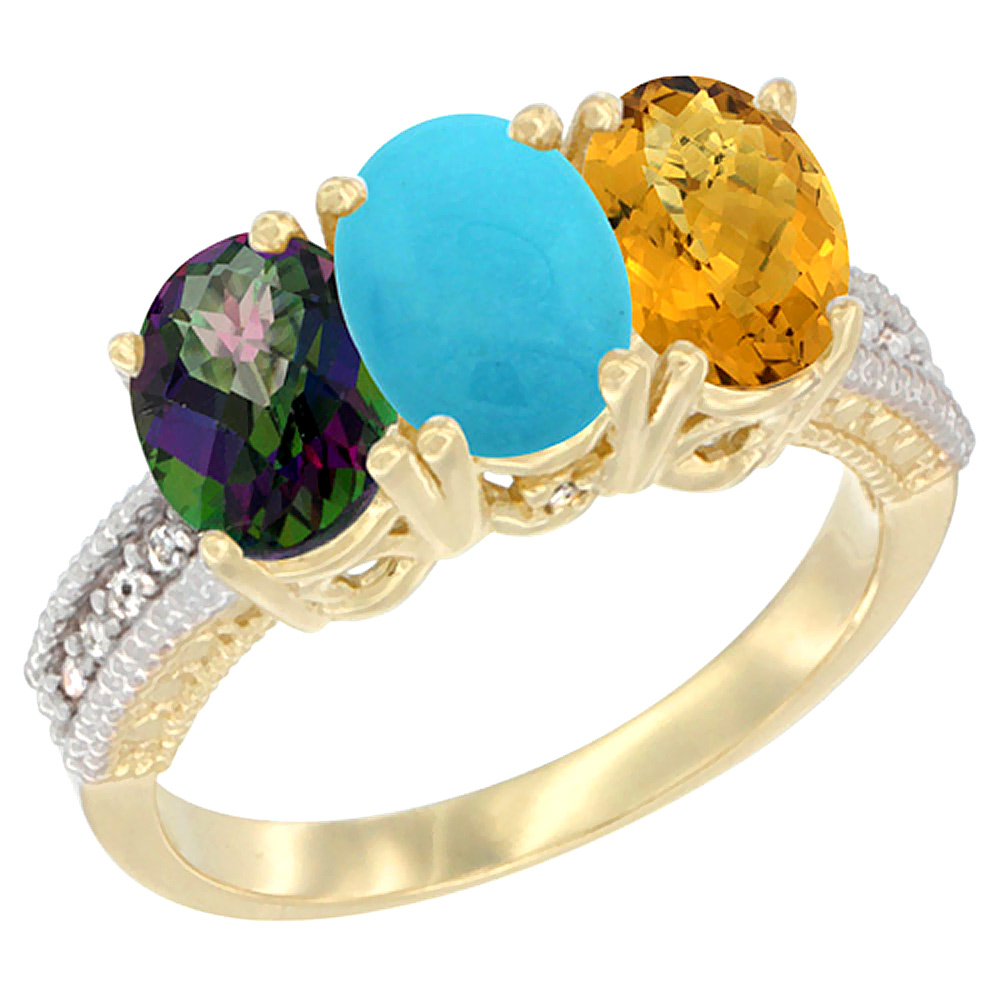 10K Yellow Gold Diamond Natural Mystic Topaz, Turquoise &amp; Whisky Quartz Ring 3-Stone 7x5 mm Oval, sizes 5 - 10