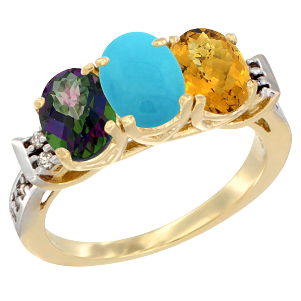 10K Yellow Gold Natural Mystic Topaz, Turquoise &amp; Whisky Quartz Ring 3-Stone Oval 7x5 mm Diamond Accent, sizes 5 - 10
