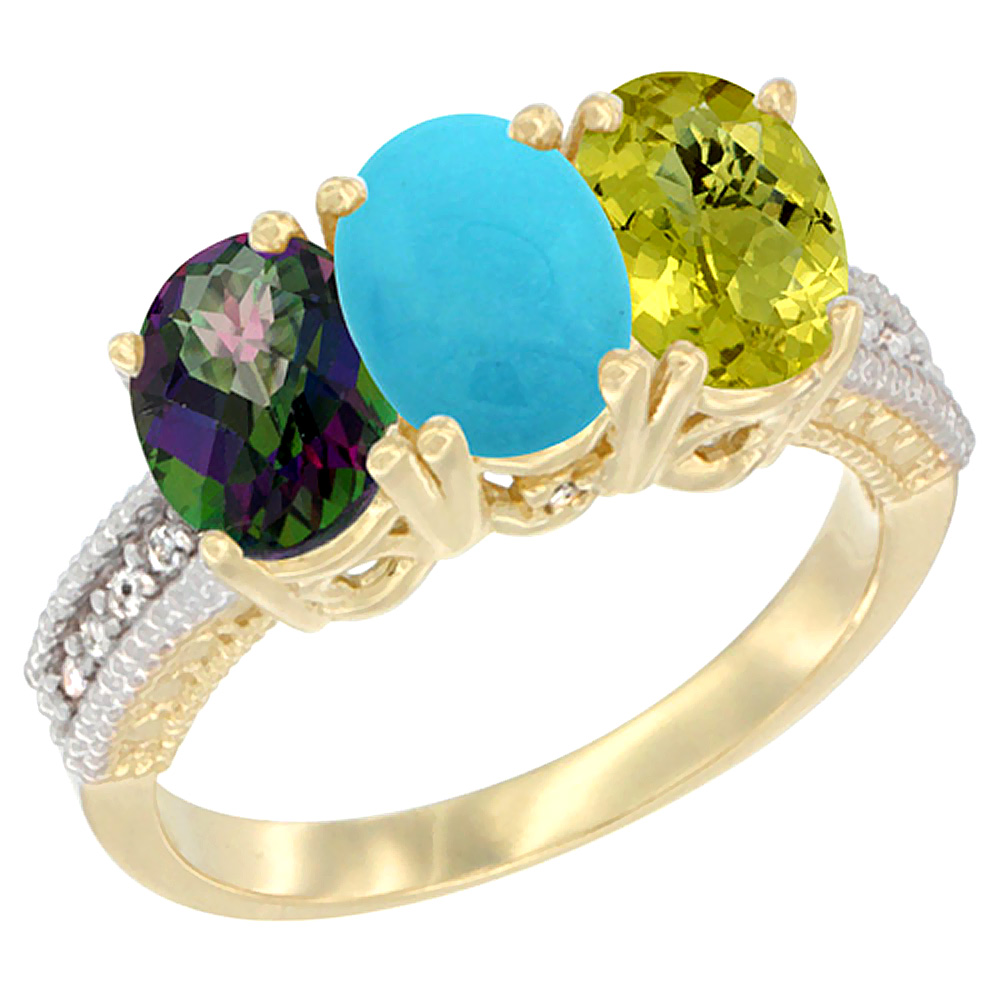 14K Yellow Gold Natural Mystic Topaz, Turquoise & Lemon Quartz Ring 3-Stone 7x5 mm Oval Diamond Accent, sizes 5 - 10