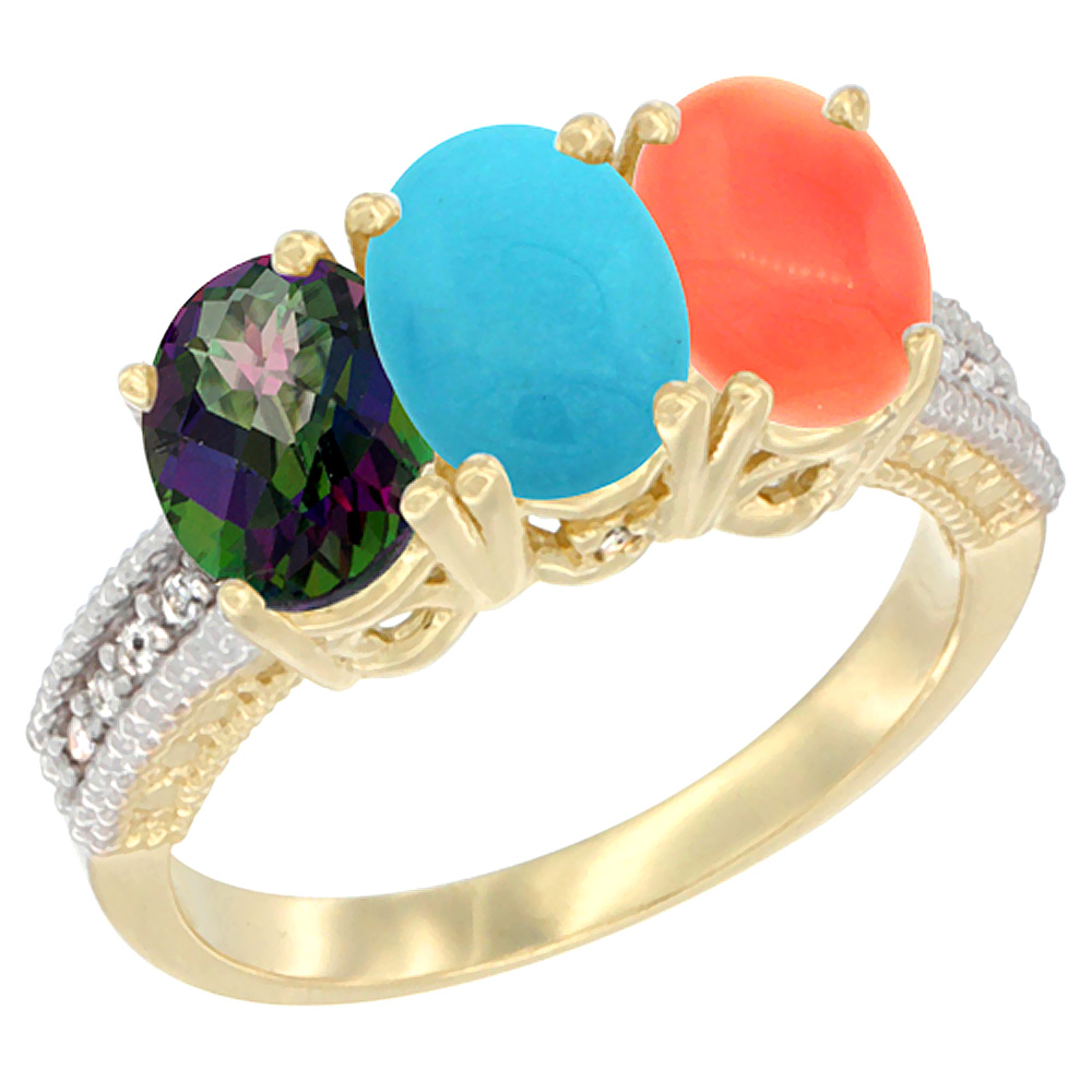 10K Yellow Gold Diamond Natural Mystic Topaz, Turquoise & Coral Ring 3-Stone 7x5 mm Oval, sizes 5 - 10