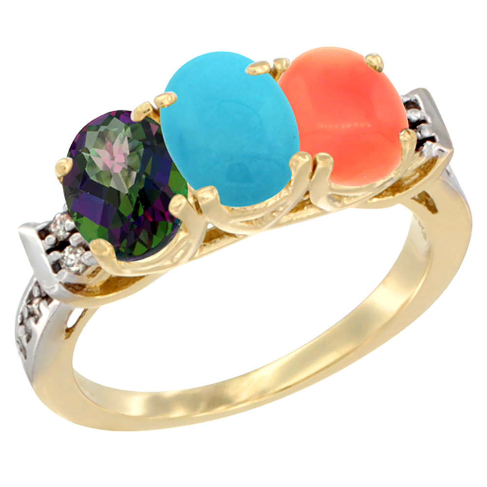 14K Yellow Gold Natural Mystic Topaz, Turquoise & Coral Ring 3-Stone 7x5 mm Oval Diamond Accent, sizes 5 - 10