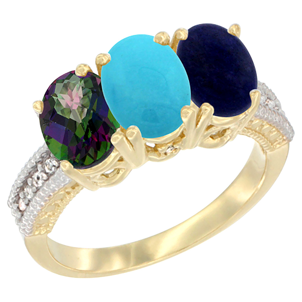 14K Yellow Gold Natural Mystic Topaz, Turquoise & Lapis Ring 3-Stone 7x5 mm Oval Diamond Accent, sizes 5 - 10