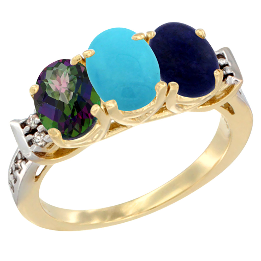 14K Yellow Gold Natural Mystic Topaz, Turquoise &amp; Lapis Ring 3-Stone 7x5 mm Oval Diamond Accent, sizes 5 - 10