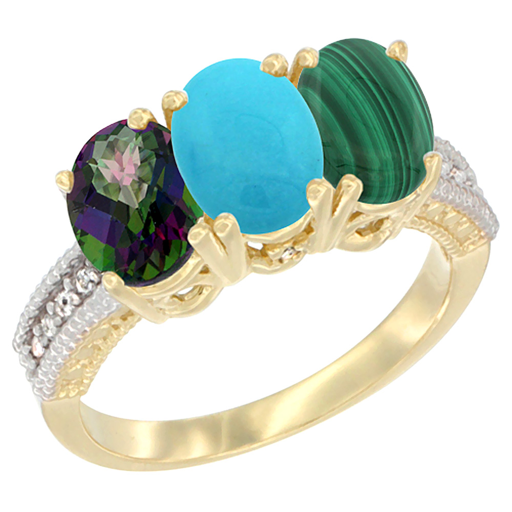14K Yellow Gold Natural Mystic Topaz, Turquoise &amp; Malachite Ring 3-Stone 7x5 mm Oval Diamond Accent, sizes 5 - 10
