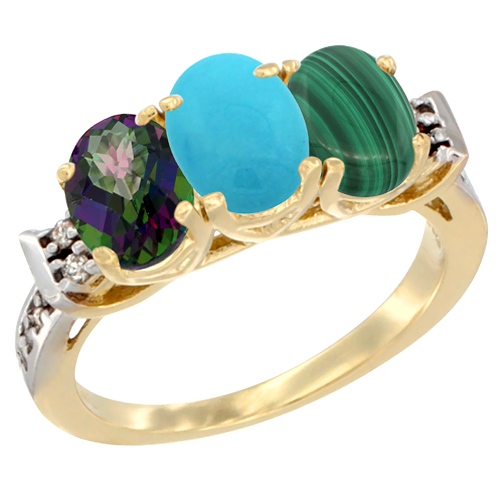 10K Yellow Gold Natural Mystic Topaz, Turquoise & Malachite Ring 3-Stone Oval 7x5 mm Diamond Accent, sizes 5 - 10