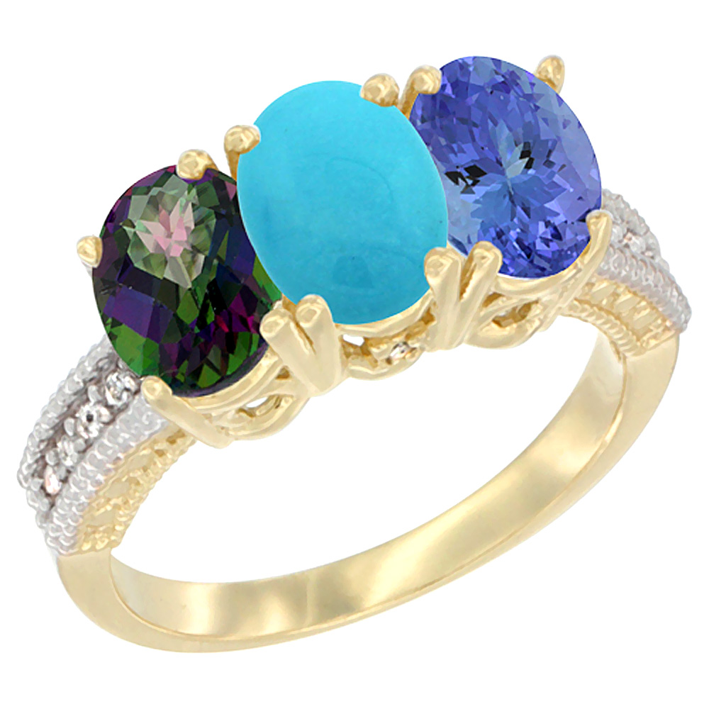 14K Yellow Gold Natural Mystic Topaz, Turquoise &amp; Tanzanite Ring 3-Stone 7x5 mm Oval Diamond Accent, sizes 5 - 10