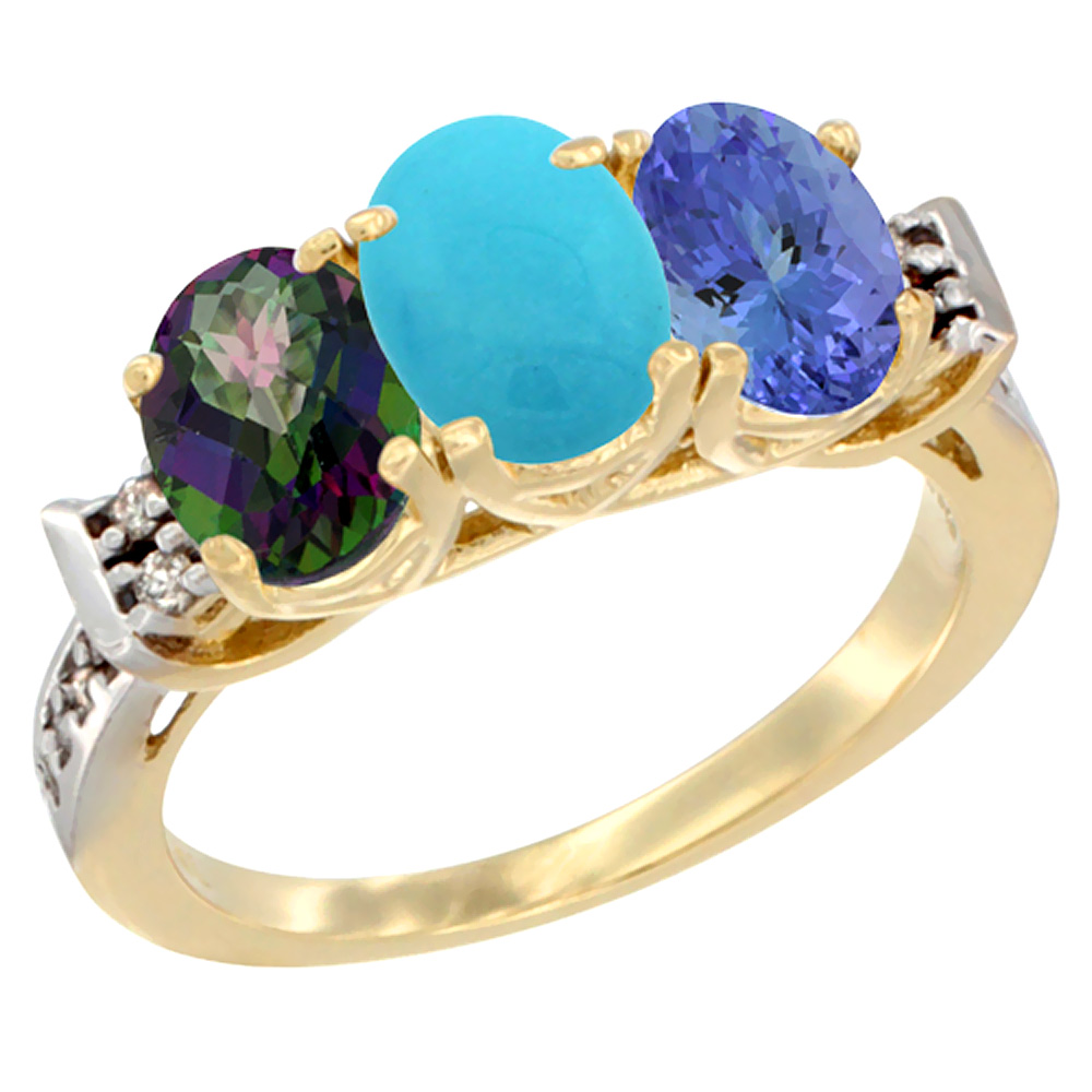 14K Yellow Gold Natural Mystic Topaz, Turquoise & Tanzanite Ring 3-Stone 7x5 mm Oval Diamond Accent, sizes 5 - 10