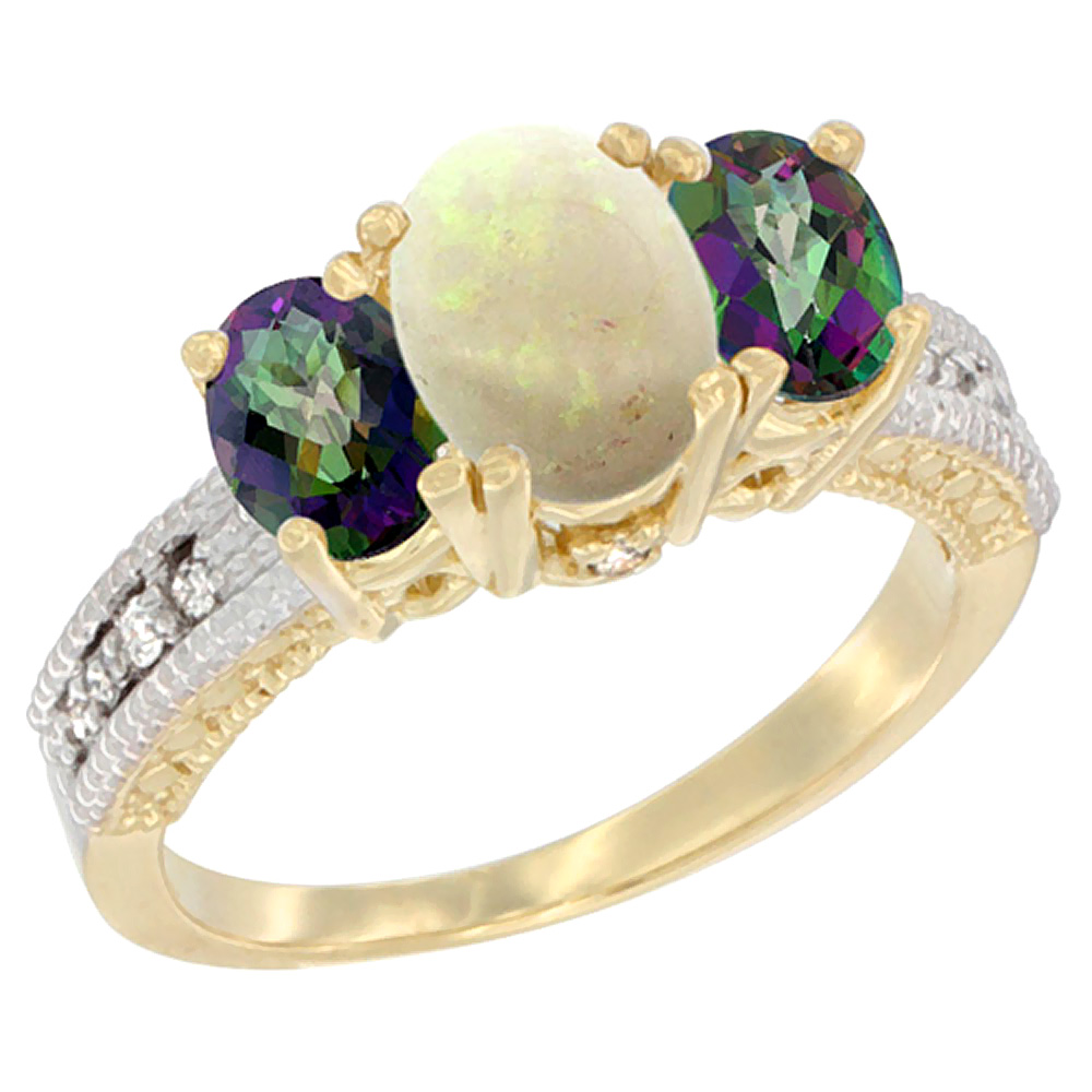 14K Yellow Gold Diamond Natural Opal Ring Oval 3-stone with Mystic Topaz, sizes 5 - 10