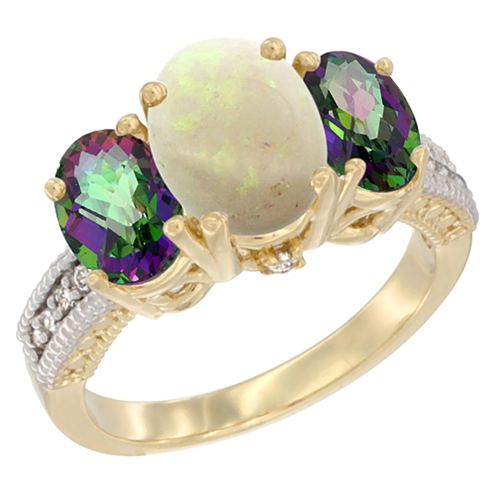 14K Yellow Gold Diamond Natural Opal Ring 3-Stone Oval 8x6mm with Mystic Topaz, sizes5-10